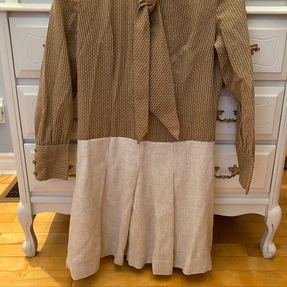 60s/70s Size S Mini Dress Neck Tie Linen Skirt Gold Beige Bodice - Picture 3 of 16
